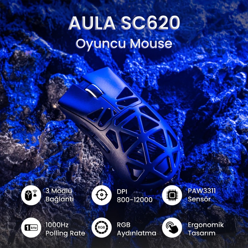 Aula SC620 PAW3311 Sensör 12000 DPI 1000Hz Kablolu ve Kablosuz Gaming Oyuncu Mouse Siyah - 2