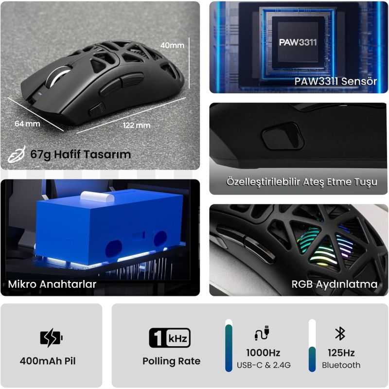 Aula SC620 PAW3311 Sensör 12000 DPI 1000Hz Kablolu ve Kablosuz Gaming Oyuncu Mouse Siyah - 3