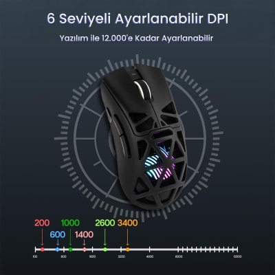 Aula SC620 PAW3311 Sensör 12000 DPI 1000Hz Kablolu ve Kablosuz Gaming Oyuncu Mouse Siyah - 4