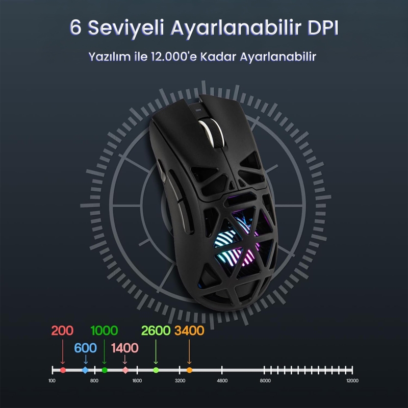 Aula SC620 PAW3311 Sensör 12000 DPI 1000Hz Kablolu ve Kablosuz Gaming Oyuncu Mouse Siyah - 4