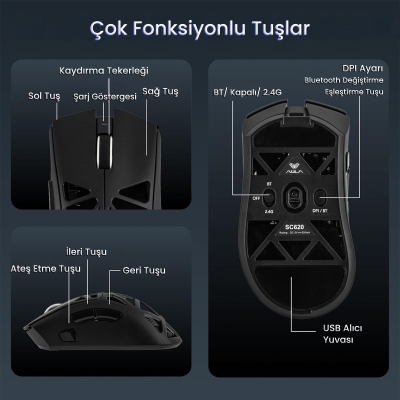Aula SC620 PAW3311 Sensör 12000 DPI 1000Hz Kablolu ve Kablosuz Gaming Oyuncu Mouse Siyah - 6