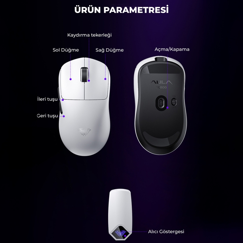 Aula SC800 Lightweight PAW3395 Sensör 26000 DPI 8000Hz Kablolu ve Kablosuz Gaming Oyuncu Mouse Beyaz - 8