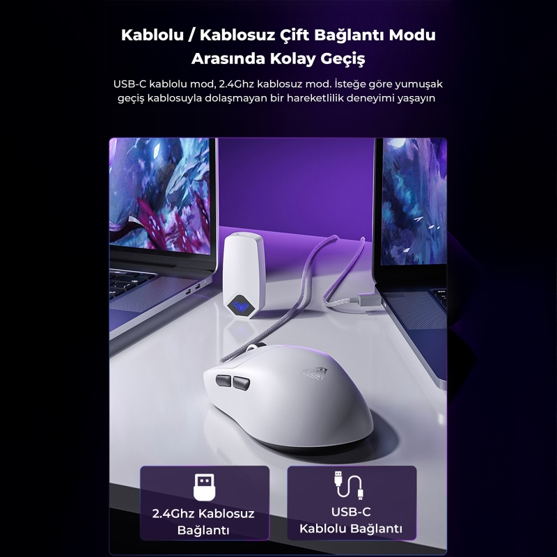 Aula SC800 Lightweight PAW3395 Sensör 26000 DPI 8000Hz Kablolu ve Kablosuz Gaming Oyuncu Mouse Beyaz - 5