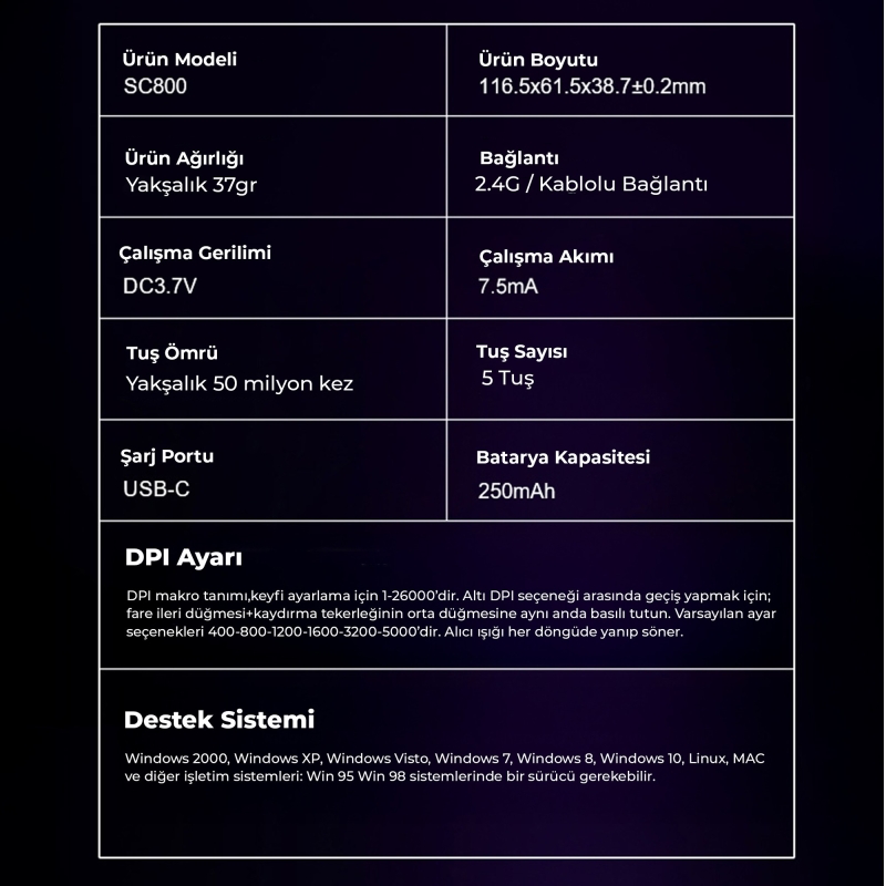 Aula SC800 Lightweight PAW3395 Sensör 26000 DPI 8000Hz Kablolu ve Kablosuz Gaming Oyuncu Mouse Siyah - 9