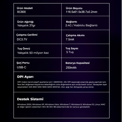 Aula SC800 Lightweight PAW3395 Sensör 26000 DPI 8000Hz Kablolu ve Kablosuz Gaming Oyuncu Mouse Siyah - 9