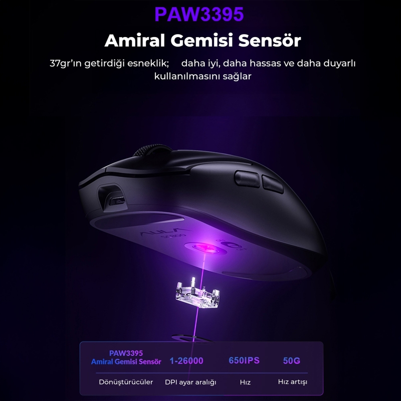 Aula SC800 Lightweight PAW3395 Sensör 26000 DPI 8000Hz Kablolu ve Kablosuz Gaming Oyuncu Mouse Siyah - 4