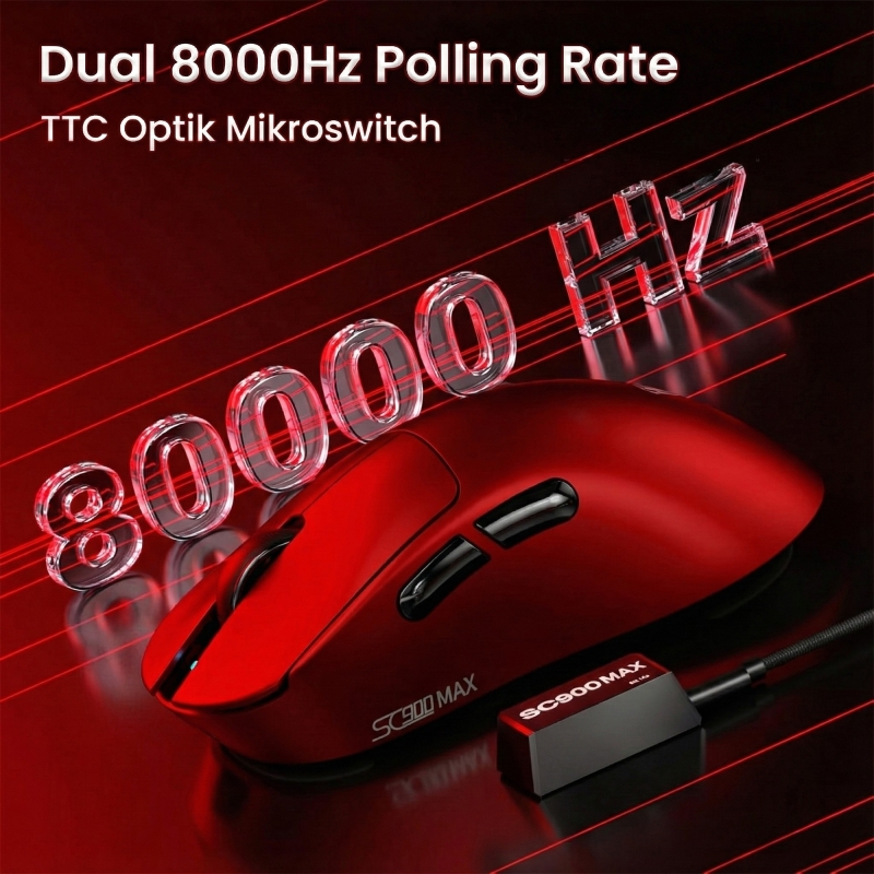 Aula SC900 Max PAW3395 Sensör 30000 DPI 8000Hz Kablolu ve Kablosuz Gaming Oyuncu Mouse Kırmızı - 6