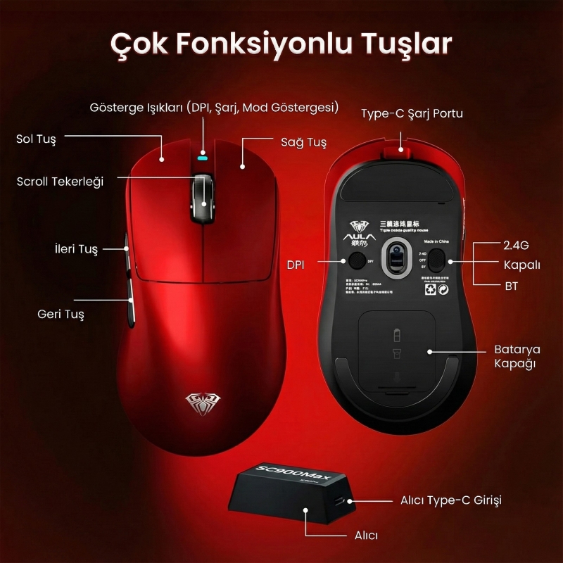 Aula SC900 Max PAW3395 Sensör 30000 DPI 8000Hz Kablolu ve Kablosuz Gaming Oyuncu Mouse Kırmızı - 8