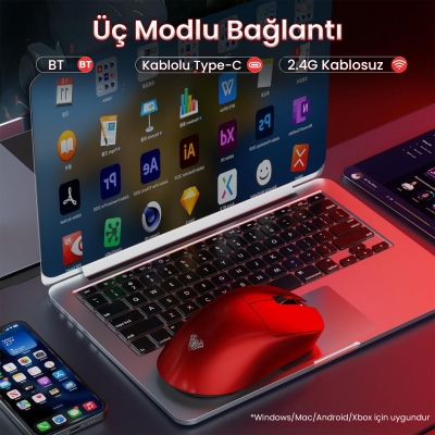 Aula SC900 Max PAW3950 Sensör 30000 DPI 8000Hz Kablolu ve Kablosuz Gaming Oyuncu Mouse Kırmızı - 3