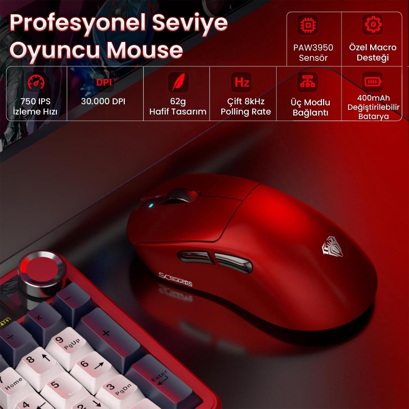 Aula SC900 Max PAW3950 Sensör 30000 DPI 8000Hz Kablolu ve Kablosuz Gaming Oyuncu Mouse Kırmızı - 2