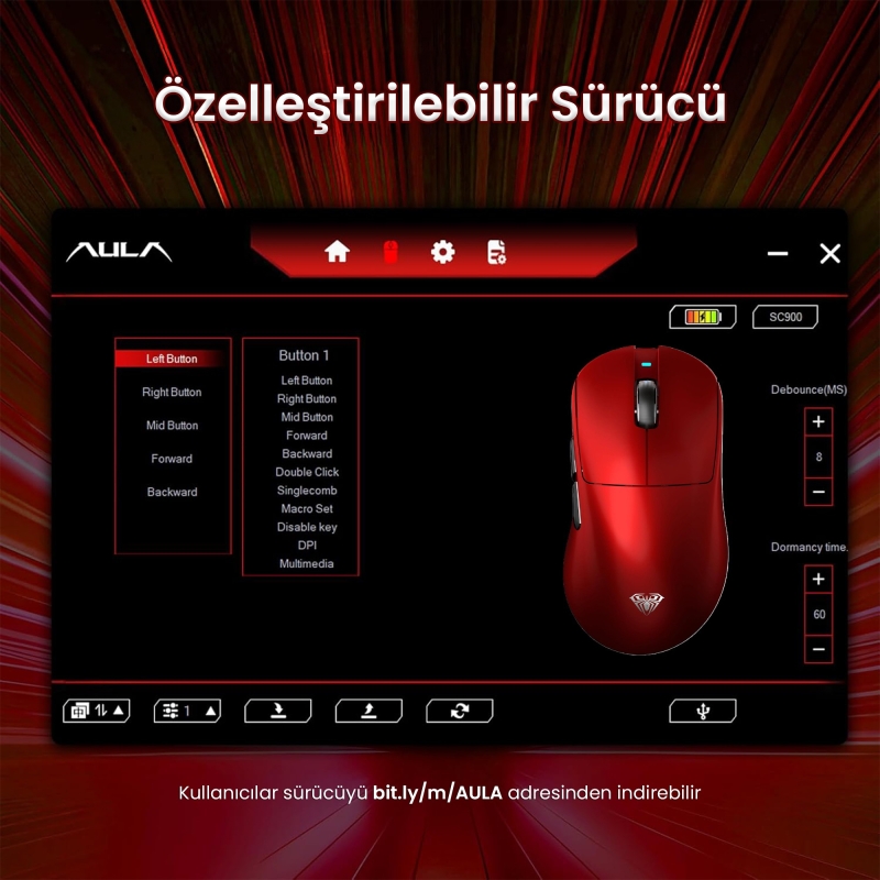 Aula SC900 Max PAW3950 Sensör 30000 DPI 8000Hz Kablolu ve Kablosuz Gaming Oyuncu Mouse Kırmızı - 9