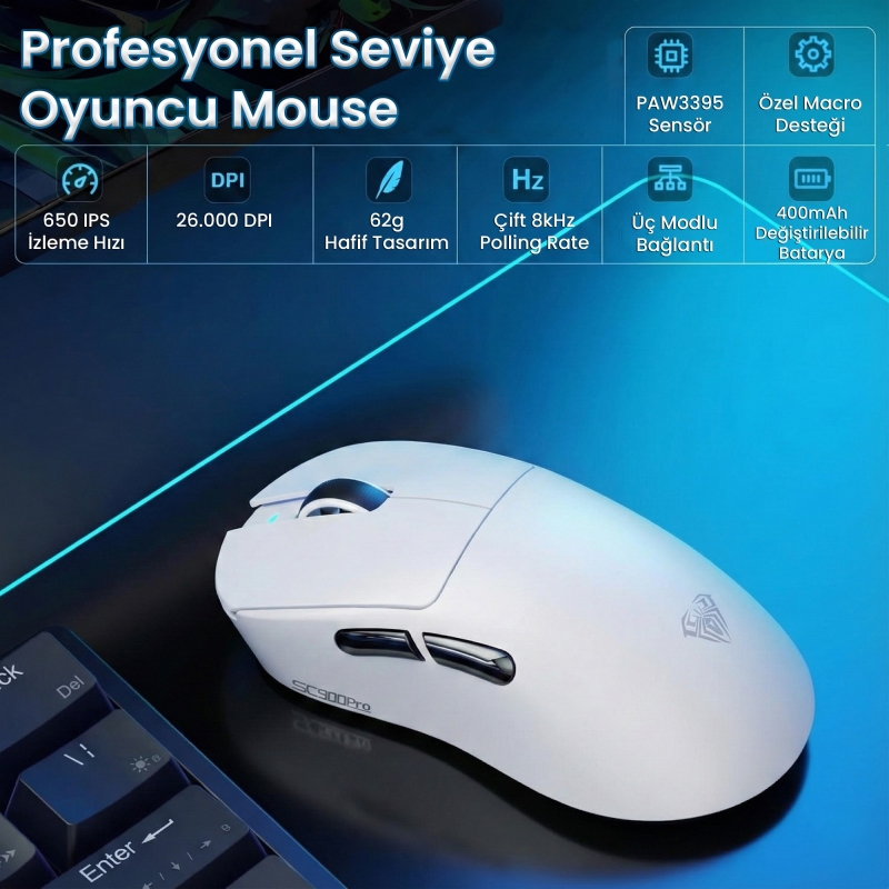 Aula SC900 Pro PAW3395 Sensör 26000 DPI 8000Hz Kablolu ve Kablosuz Gaming Oyuncu Mouse Beyaz - 2