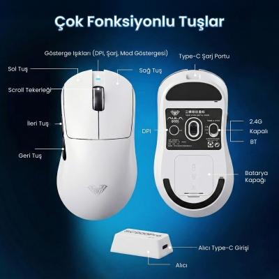Aula SC900 Pro PAW3395 Sensör 26000 DPI 8000Hz Kablolu ve Kablosuz Gaming Oyuncu Mouse Beyaz - 8