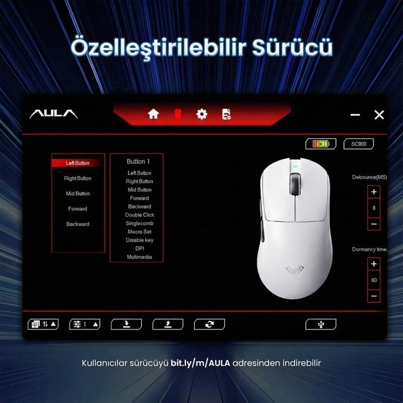 Aula SC900 Pro PAW3395 Sensör 26000 DPI 8000Hz Kablolu ve Kablosuz Gaming Oyuncu Mouse Beyaz - 9