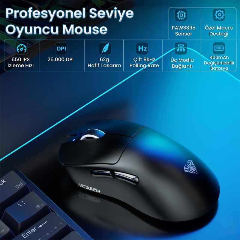 Aula SC900 Pro PAW3395 Sensör 26000 DPI 8000Hz Kablolu ve Kablosuz Gaming Oyuncu Mouse Siyah - 2