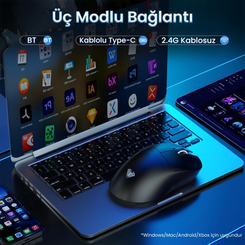 Aula SC900 Pro PAW3395 Sensör 26000 DPI 8000Hz Kablolu ve Kablosuz Gaming Oyuncu Mouse Siyah - 3