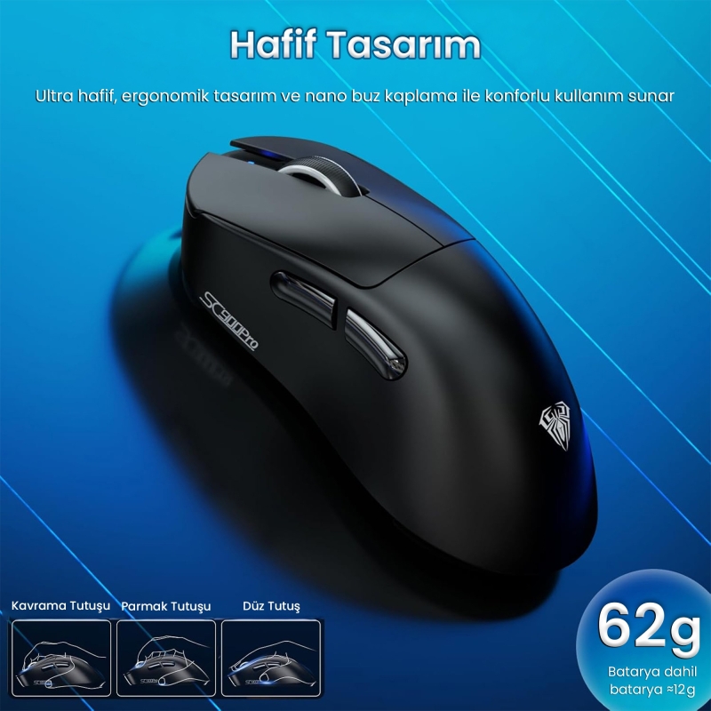 Aula SC900 Pro PAW3395 Sensör 26000 DPI 8000Hz Kablolu ve Kablosuz Gaming Oyuncu Mouse Siyah - 7