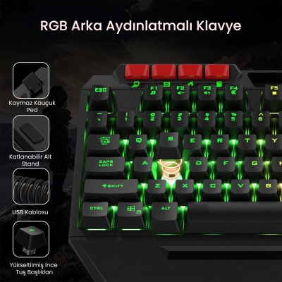 Aula T650 4'in1 Gaming Set RGB Kablolu Membran Klavye 3600 DPI Mouse Mikrofonlu Oyuncu Kulaklığı ve Mousepad - 2