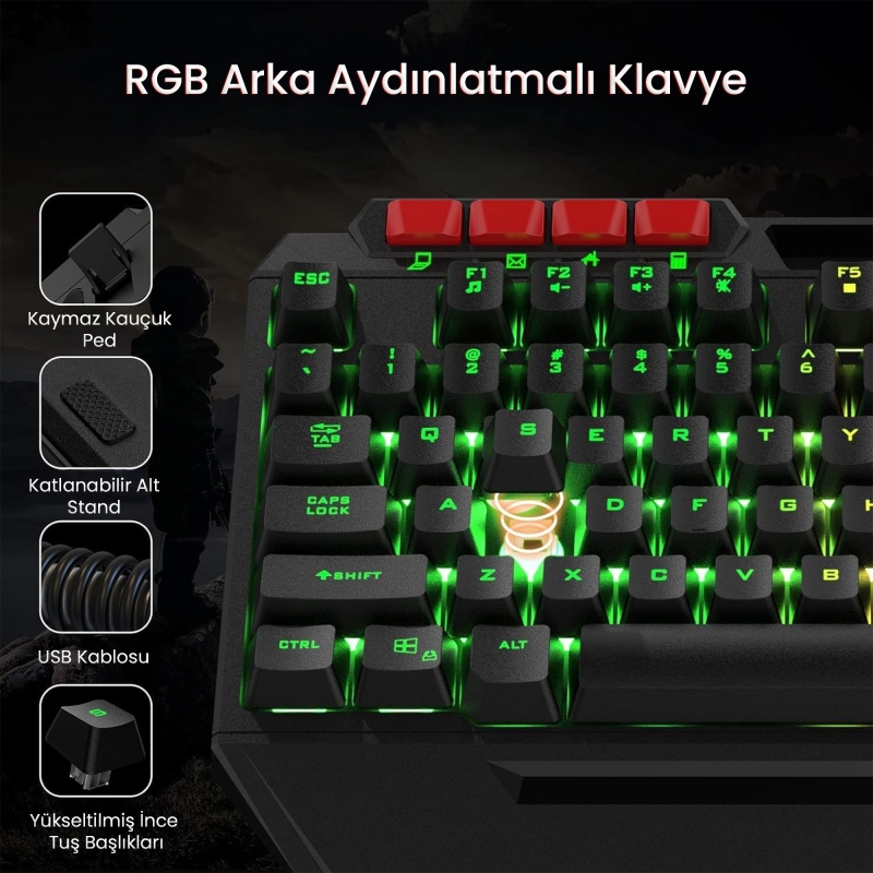 Aula T650 4'in1 Gaming Set RGB Kablolu Membran Klavye 3600 DPI Mouse Mikrofonlu Oyuncu Kulaklığı ve Mousepad - 2