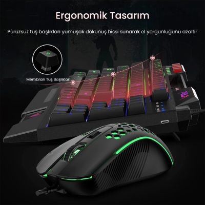 Aula T650 4'in1 Gaming Set RGB Kablolu Membran Klavye 3600 DPI Mouse Mikrofonlu Oyuncu Kulaklığı ve Mousepad - 3