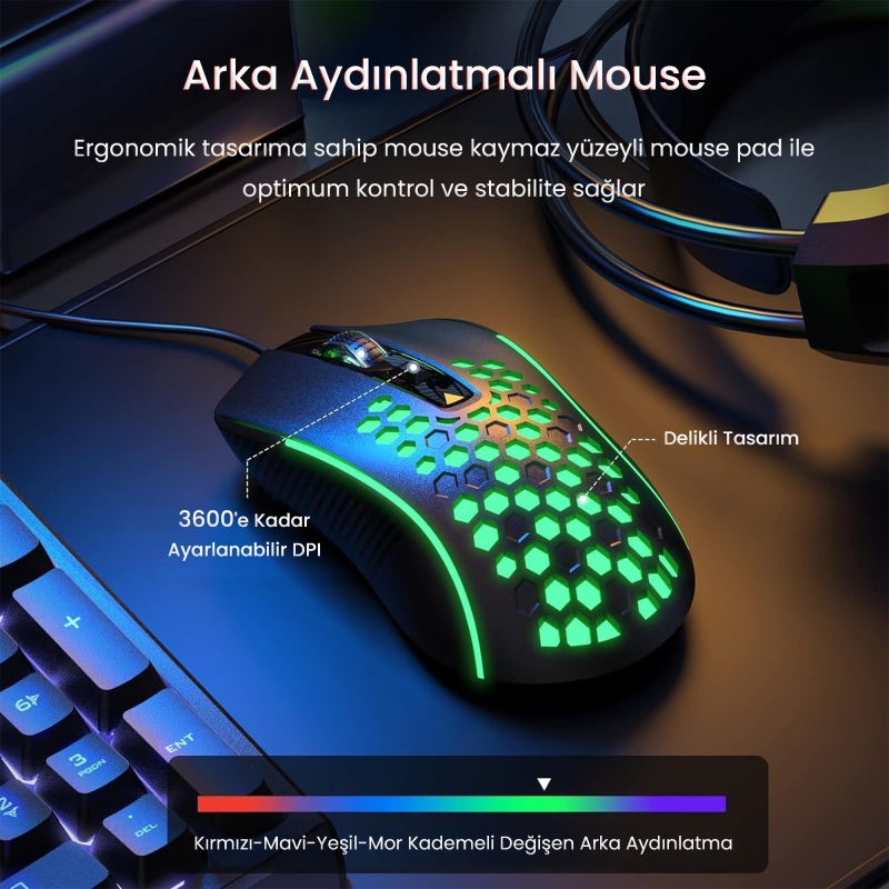 Aula T650 4'in1 Gaming Set RGB Kablolu Membran Klavye 3600 DPI Mouse Mikrofonlu Oyuncu Kulaklığı ve Mousepad - 4