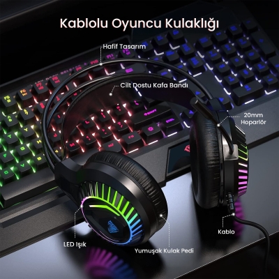 Aula T650 4'in1 Gaming Set RGB Kablolu Membran Klavye 3600 DPI Mouse Mikrofonlu Oyuncu Kulaklığı ve Mousepad - 5