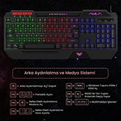 Aula T650 4'in1 Gaming Set RGB Kablolu Membran Klavye 3600 DPI Mouse Mikrofonlu Oyuncu Kulaklığı ve Mousepad - 6