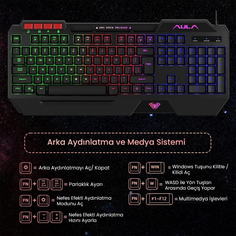 Aula T650 4'in1 Gaming Set RGB Kablolu Membran Klavye 3600 DPI Mouse Mikrofonlu Oyuncu Kulaklığı ve Mousepad - 6