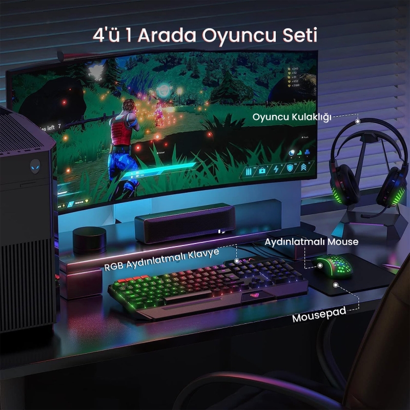 Aula T650 4'in1 Gaming Set RGB Kablolu Membran Klavye 3600 DPI Mouse Mikrofonlu Oyuncu Kulaklığı ve Mousepad - 7