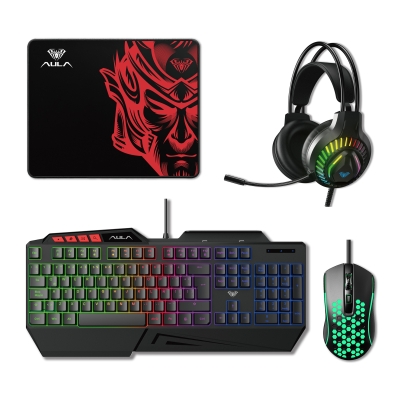 Aula T650 4'in1 Gaming Set RGB Kablolu Membran Klavye 3600 DPI Mouse Mikrofonlu Oyuncu Kulaklığı ve Mousepad - Aula