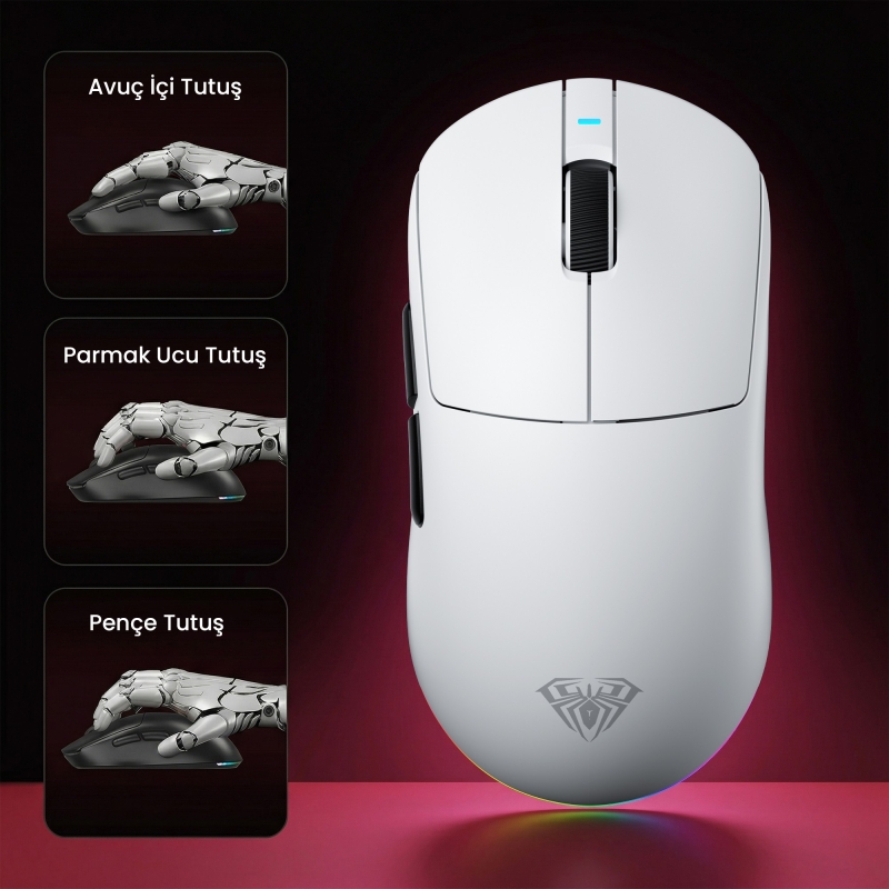 Aula V9 Pro 26000 DPI PAW3395 Sensör 8000Hz Tri-Mode Kablosuz Oyuncu Mouse RGB Omron Switch Lightweight E-Spor Gaming Mouse Beyaz - 4