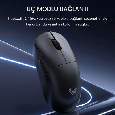 Aula V9 Pro 26000 DPI PAW3395 Sensör 8000Hz Tri-Mode Kablosuz Oyuncu Mouse RGB Omron Switch Lightweight E-Spor Gaming Mouse Siyah - 2