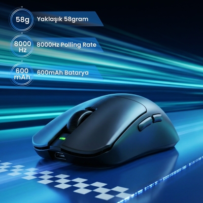 Aula V9 Pro 26000 DPI PAW3395 Sensör 8000Hz Tri-Mode Kablosuz Oyuncu Mouse RGB Omron Switch Lightweight E-Spor Gaming Mouse Siyah - 3