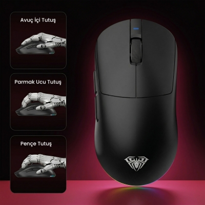 Aula V9 Pro 26000 DPI PAW3395 Sensör 8000Hz Tri-Mode Kablosuz Oyuncu Mouse RGB Omron Switch Lightweight E-Spor Gaming Mouse Siyah - 4