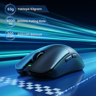 Aula V9 Pro Plus 26000 DPI PAW3395 Sensör 8000Hz Tri-Mode Kablosuz Oyuncu Mouse RGB Omron Switch Lightweight E-Spor Gaming Mouse Siyah - 3
