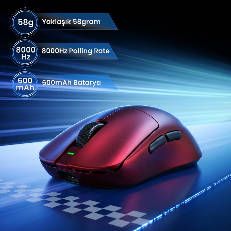 Aula V9 Ultra 42000 DPI PAW3950 Sensör 8000Hz Tri-Mode Kablosuz Oyuncu Mouse RGB Omron Switch Lightweight E-Spor Gaming Mouse Kırmızı - 3