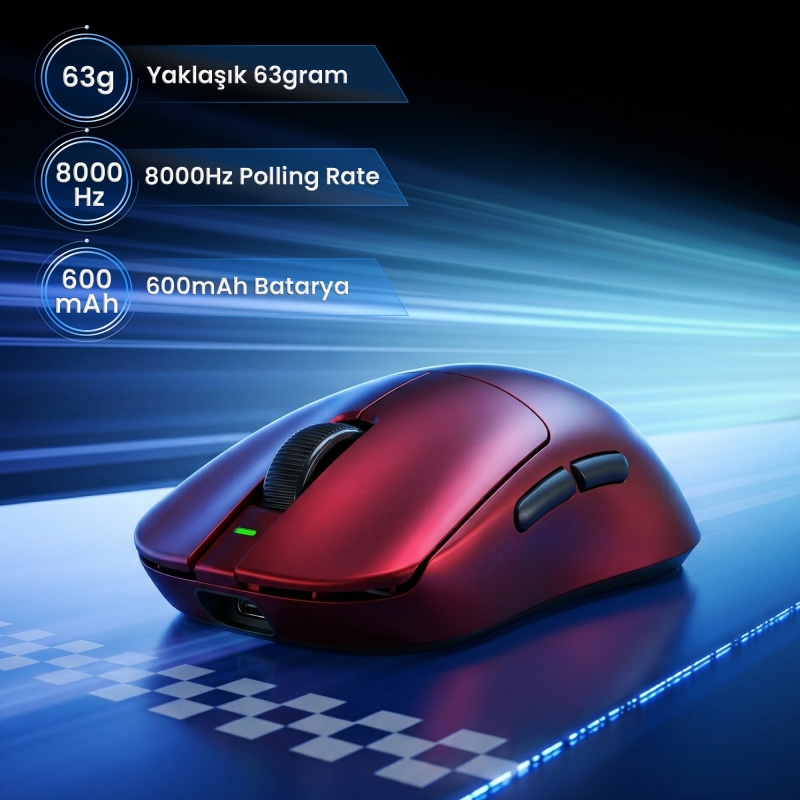 Aula V9 Ultra Plus 42000 DPI PAW3950 Sensör 8000Hz Tri-Mode Kablosuz Oyuncu Mouse RGB Omron Switch Lightweight E-Spor Gaming Mouse Kırmızı - 3