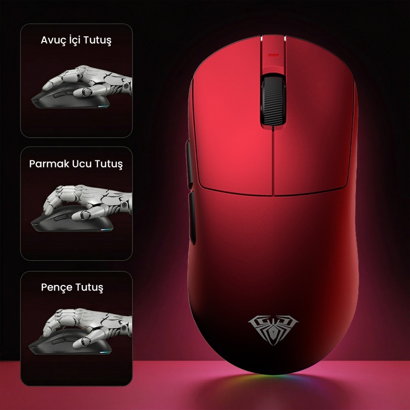 Aula V9 Ultra Plus 42000 DPI PAW3950 Sensör 8000Hz Tri-Mode Kablosuz Oyuncu Mouse RGB Omron Switch Lightweight E-Spor Gaming Mouse Kırmızı - 4