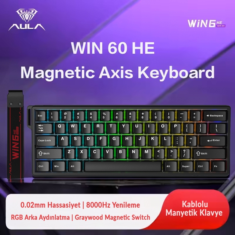 Aula Win60 He Manyetik Klavye Rapid Trigger Graywood Switch 8000Hz RGB TKL Hot Swap Oyuncu Klavyesi Siyah - 2