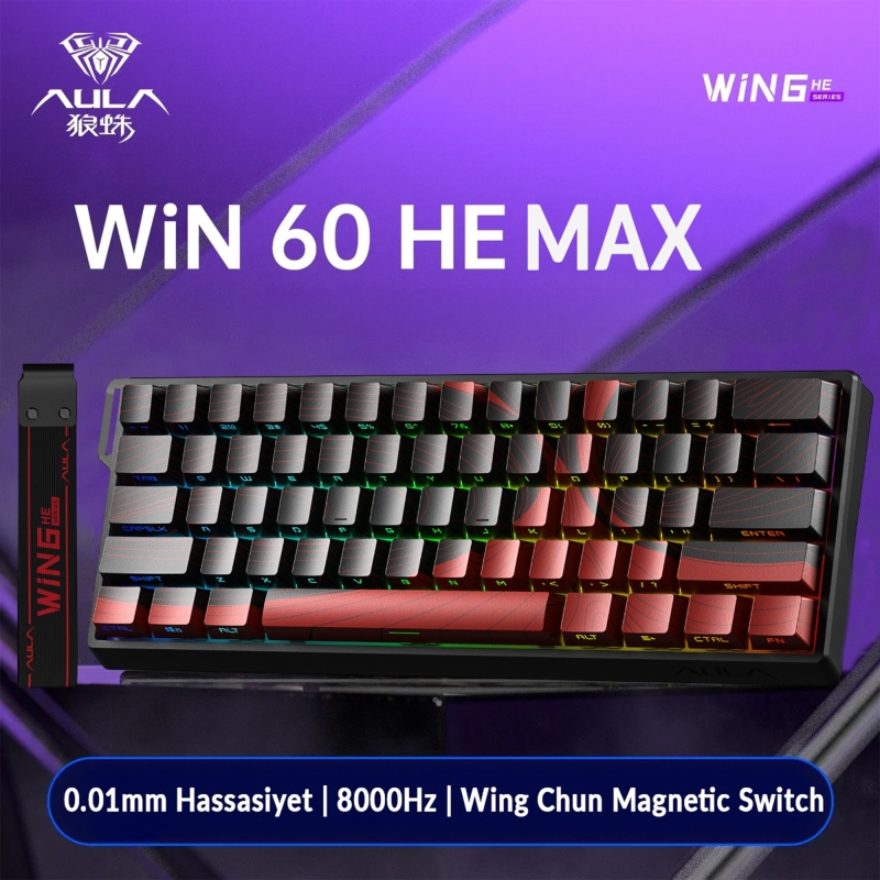 Aula Win60 He Max Manyetik Klavye Rapid Trigger Wing Chun Switch 8000Hz RGB TKL Hot Swap Oyuncu Klavyesi Kırmızı - 2