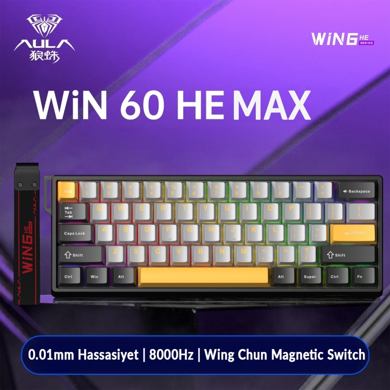 Aula Win60 He Max Manyetik Klavye Rapid Trigger Wing Chun Swtich 8000Hz RGB TKL Hot Swap Oyuncu Klavyesi Sarı - 2