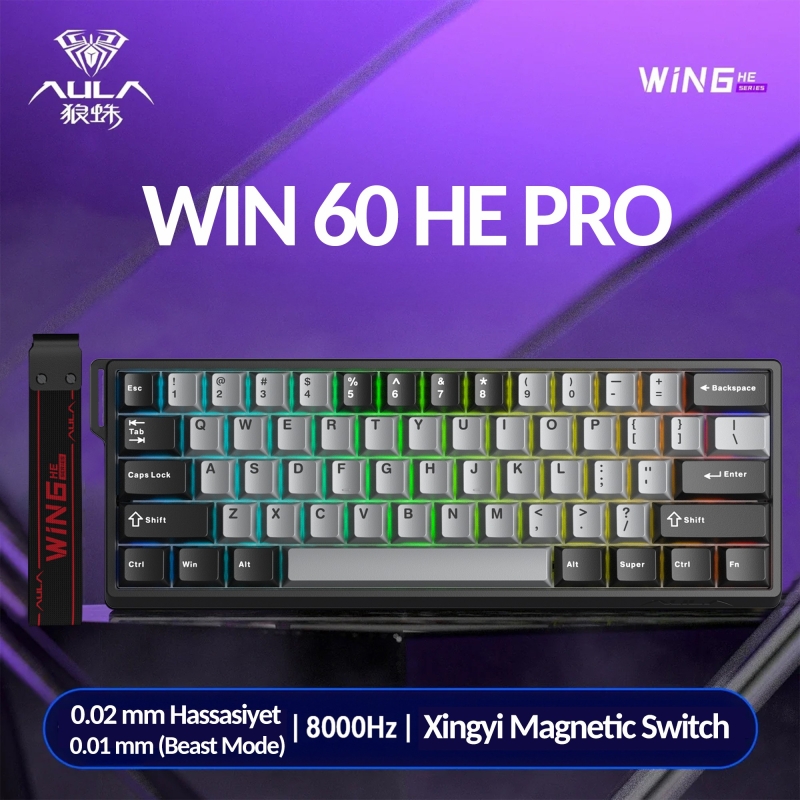 Aula Win60 He Pro Manyetik Klavye Rapid Trigger Xingyi Swtich 8000Hz RGB TKL Hot Swap Oyuncu Klavyesi Gri - 2