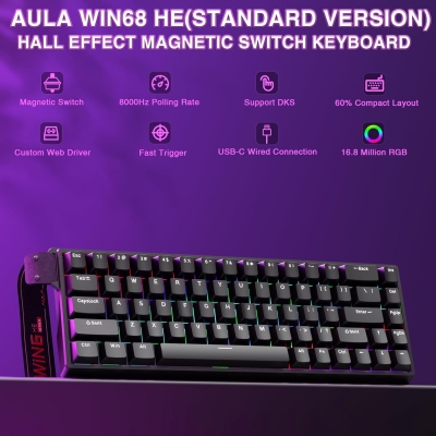 Aula Win68 He Manyetik Klavye Rapid Trigger Graywood Switch 8000Hz RGB TKL Hot Swap Oyuncu Klavyesi Siyah - 2