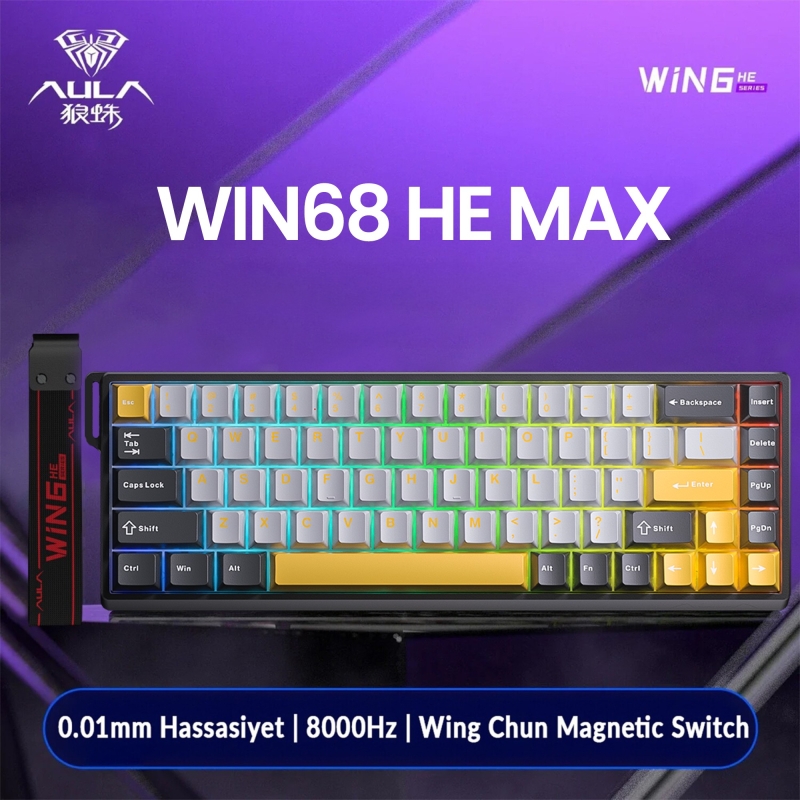 Aula Win68 He Max Manyetik Klavye Rapid Trigger Wing Chun Swtich 8000Hz RGB TKL Hot Swap Oyuncu Klavyesi Sarı - 2