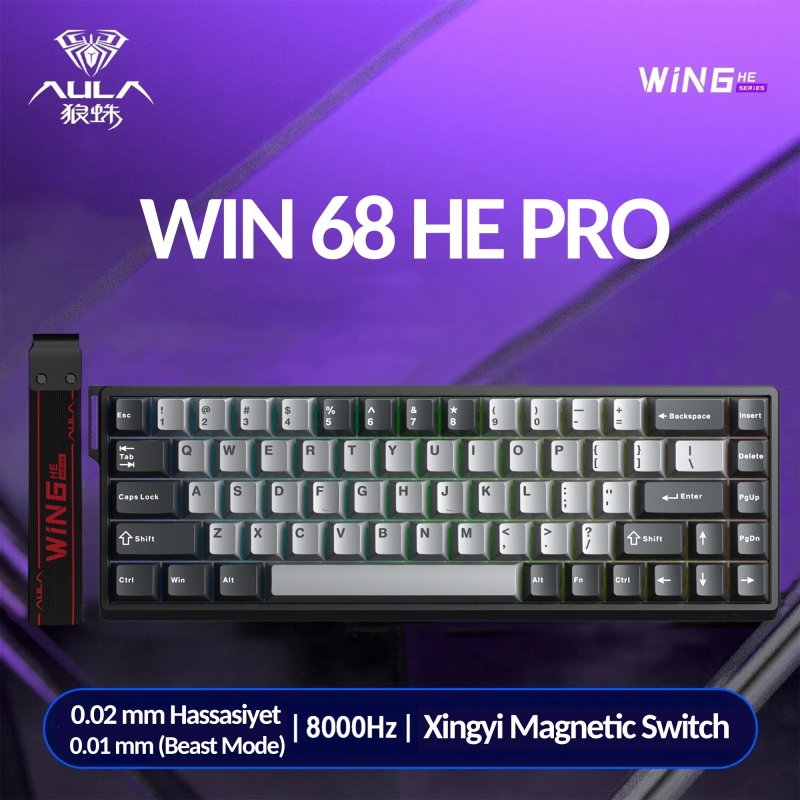 Aula Win68 He Pro Manyetik Klavye Rapid Trigger Xingyi Swtich 8000Hz RGB TKL Hot Swap Oyuncu Klavyesi Gri - 2