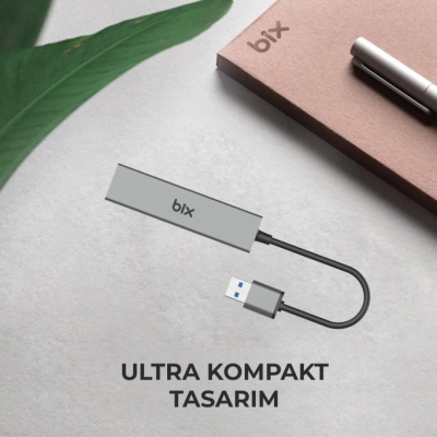 Bix BX06HB USB 3.0 1000Mbps Ethernet Adaptörü ve 3 Portlu USB 3.0 Çoklayıcı Hub - 3