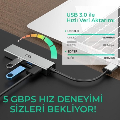 Bix BX06HB USB 3.0 1000Mbps Ethernet Adaptörü ve 3 Portlu USB 3.0 Çoklayıcı Hub - 4