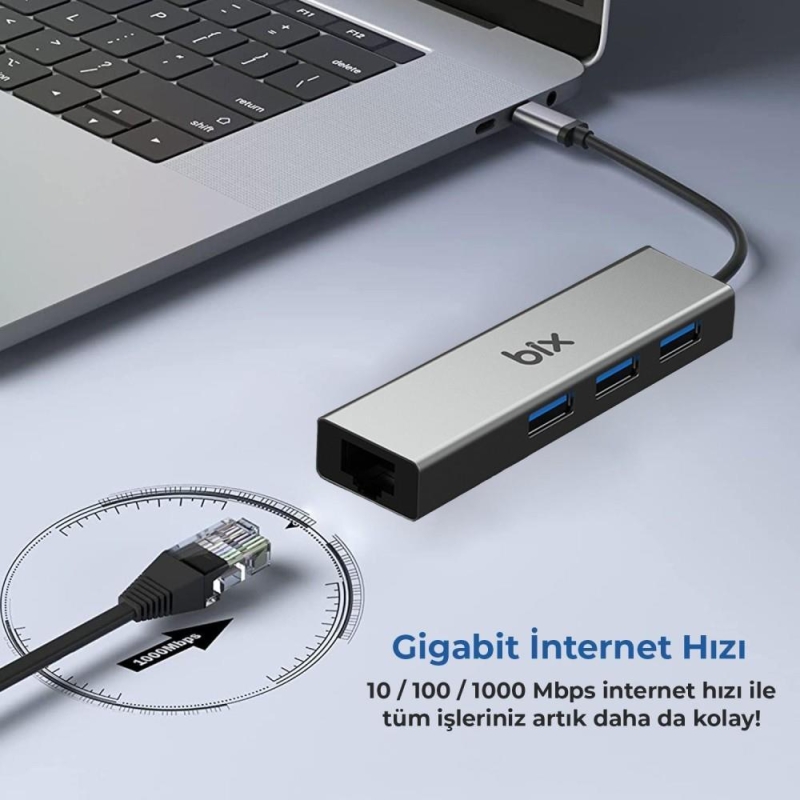 Bix BX06HB USB 3.0 1000Mbps Ethernet Adaptörü ve 3 Portlu USB 3.0 Çoklayıcı Hub - 5