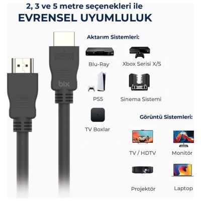 Bix 4K@60Hz 18 Gbps Veri Aktarım Destekli Yüksek Hızlı HDMI 2.0 & Ethernet Kablosu 3 Metre - 5