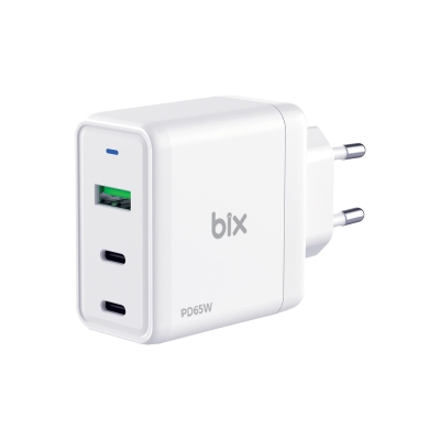 Bix 65W GaN USB Type-C QC 4.0 PD 3 Portlu Hızlı Şarj Cihazı Beyaz - Bix